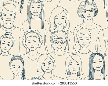 Seamless Pattern With The Image Of A Group Of Women Of All Ages And Nationalities, With Different Hairstyles. Graphic Hand Drawn Illustration. Doodle Style