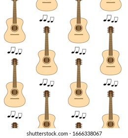 Seamless pattern with the image of a guitar and music notes.