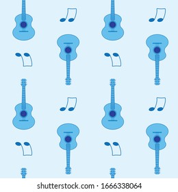 Seamless pattern with the image of a guitar on a blue background.
