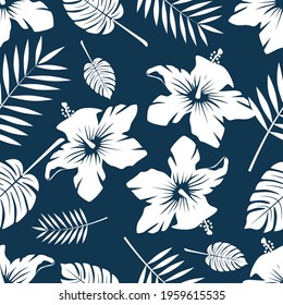 Seamless Pattern With The Image Of Hawaiian Flowers And Palm Leaves.