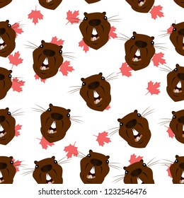 Seamless pattern with the image of the head of a beaver on the background of maple leaves. Vector illustration