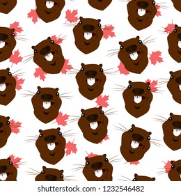 Seamless pattern with the image of the head of a beaver on the background of maple leaves. Vector illustration