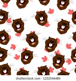 Seamless pattern with the image of the head of a beaver on the background of maple leaves. Vector illustration