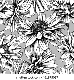 Seamless pattern with image of a heliopsis flowers. Vector black and white illustration.