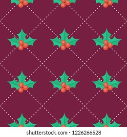 Seamless pattern with the image of holly and diagonal dashed lines