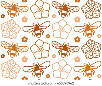 Seamless pattern with image of honey bee and flowers. Color print on white background