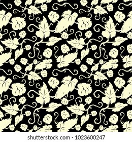 Seamless pattern with the image of hop plant. Illustration in hand drawn style. Light print on black background