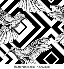 Seamless pattern with image of a Hummingbird on a geometric background. Vector illustration.