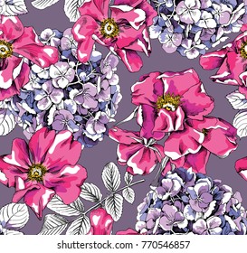 Seamless pattern with image of a Hydrangea and Rosa Canina Flowers. Vector illustration.