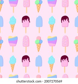 Seamless pattern with the image of ice cream in a cone and ice cream on a stick. Cute cartoon isolated seamless pattern. Design for fabric, clothing, paper, packaging.