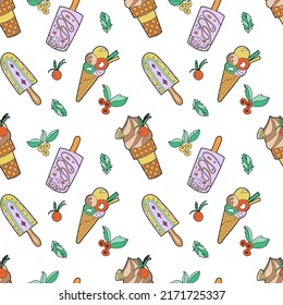 Seamless pattern with the image ice cream on a white background. Vector graphics for the design of wrapping paper, wallpaper, bags, prints for kitchen textiles.