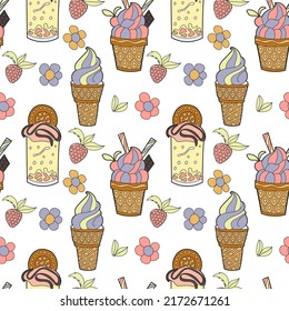Patrón inmaculado con la imagen de helado y postres en un fondo blanco. Gráficos vectoriales para el diseño de papel envolvente, papel tapiz, bolsas, impresiones para productos textiles de cocina.