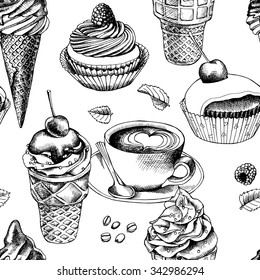 Seamless pattern with image of ice cream cone with berry, cake, cup of coffee. Vector illustration.