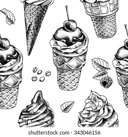 Seamless pattern with image of the ice cream cone with berry. Vector black and white illustration.