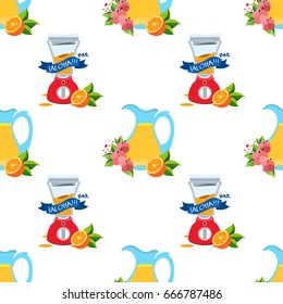 Seamless pattern with the image of jugs with juice and juicers.