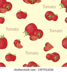 Seamless pattern with the image of juicy tomatoes in vintage style, handmade style, cartoon style with typography
