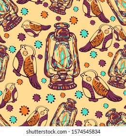 Seamless pattern with the image of a kerosin lamp, birds, snowflakes. New Year print.

