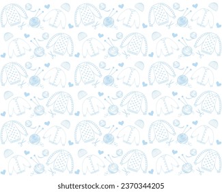 Seamless pattern with the image of a knitted sweater and balls of thread.  Knitting hobby. Warm clothes, cozy winter. Isolated vector illustration for poster, banner, cover, card. 