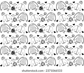 Seamless pattern with the image of a knitted sweater and balls of thread.  Knitting hobby. Warm clothes, cozy winter. Isolated vector illustration for poster, banner, cover, card. 