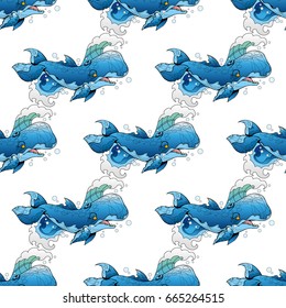 Seamless pattern with the image of a large blue whale for the design of packaging, textiles, wallpaper.