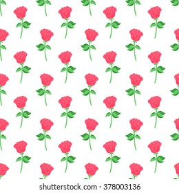 Seamless pattern with the image of a large rose, coral red rose with green stem on a white background.