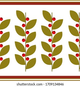 Seamless pattern with the image of leaves and berries on the branches. Above and below the strip in the tone of berries and greens. Ornament for printing on fabric, paper, home textiles.