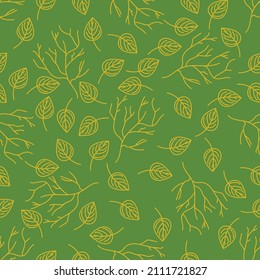 Seamless pattern with the image of leaves and branches on a light green background.