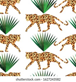 seamless pattern of an image of a leopard and a tropical plant on a white background. vector illustration. EPS 10.