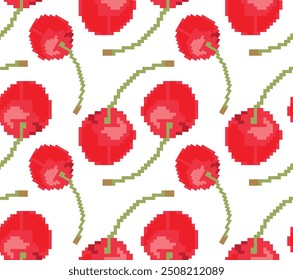 Seamless pattern with an image of a light red cherry with branches at different angles on a transparent background in vector, Suitable for prints on clothes and backgrounds