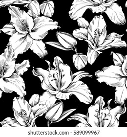 Seamless pattern with image Lily flowers on a black background. Vector illustration.