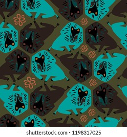 Seamless pattern with the image of lion. Vector illustration. Design can be used for textiles, wallpaper, clothing, wrapping paper.
