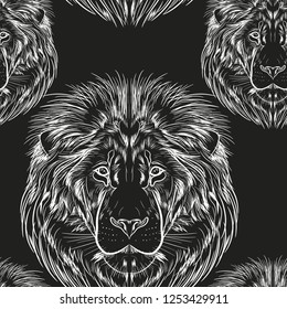 Seamless pattern of image of a lion's head. Lion head in white outline on black background.