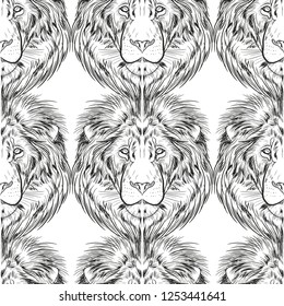 Seamless pattern of image of a lion's head. Repeating lion's hooves in black outline on white background.
