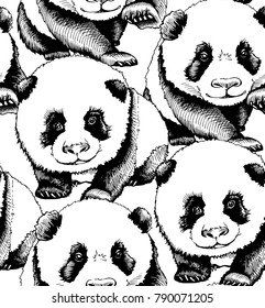 Seamless pattern with image of a Little baby Panda. Vector black and white illustration.