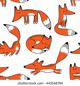 Seamless pattern with image of a little fox. Vector illustration.