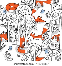 Seamless pattern with image of a little fox and a birds in a forest. Vector illustration.