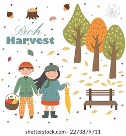Patrón sin foco con la imagen de una niña y un niño con una canasta de frutas en otoño. Estilo de la caricatura