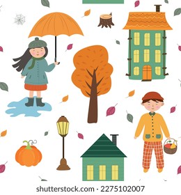 Seamless pattern with the image of a little girl and a boy in the city in autumn. Cartoon style.