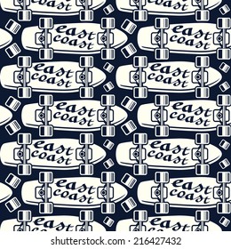Seamless pattern with the image of longboard. White pattern on a dark background