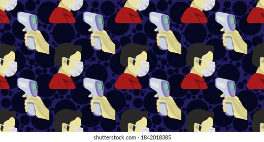 Seamless pattern of image man wearing surgical mask and image the human hand holding the digital infrared laser thermometer on dark blue background. vector illustration EPS10.
