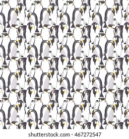 Seamless pattern with image of a many Emperor penguin on a white background. Vector illustration.