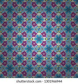 Seamless pattern with image of a many flowers. Ditsy style vector illustration. Small cute flowers in blue, yellow and purple colors.