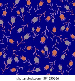 Seamless pattern with image of a many flowers. Small cute flowers in gray, violet and orange colors. Ditsy style vector illustration.