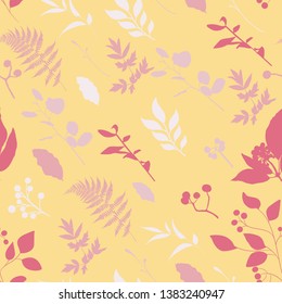 Seamless pattern with image of a many kind herbs silhouette on a yellow background. 