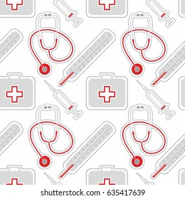 Seamless pattern with image Medical facilities with medicines and medical devices, Vector illustration in flat design. Medical help.