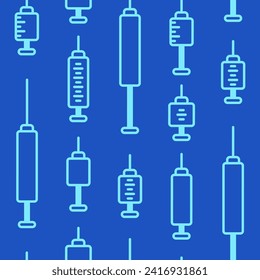 Seamless pattern with the image of medical syringes. Vector illustration on a medical theme on a blue background. Image of medical equipment.