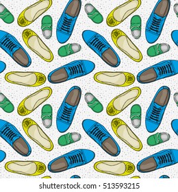 Seamless pattern with the image of men's, women's and children's shoes