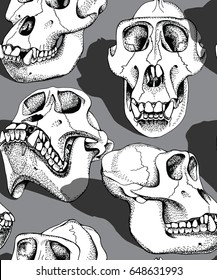 Seamless pattern with image of a Monkey Skull and shadow. Vector illustration.