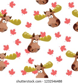 Seamless pattern with the image of a moose head on a background of maple leavesVector illustration