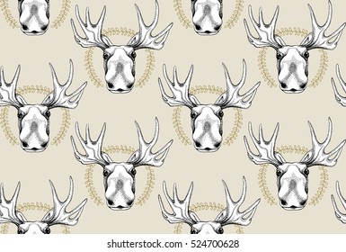 Seamless pattern with image of a Moose portrait in a frame on a beige background. Vector illustration.